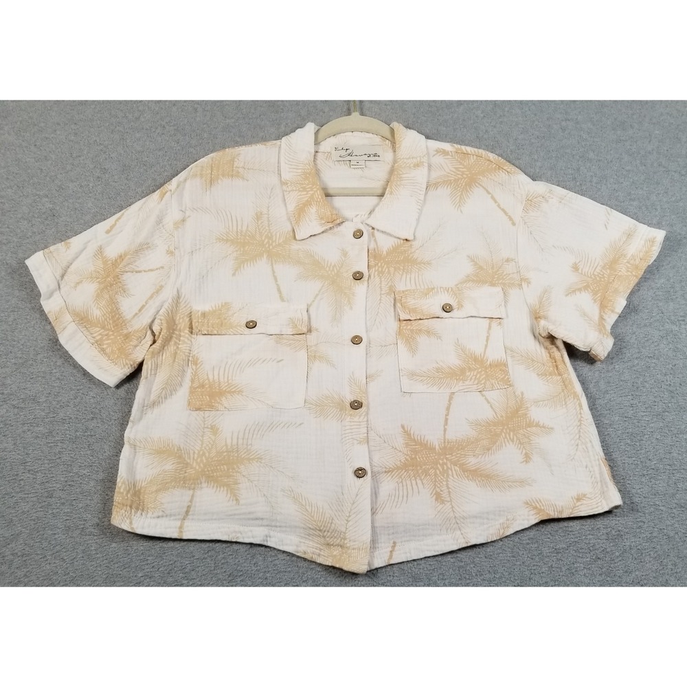 Vintage Havana Button Up Shirt Women M Medium White Tan Palm Tree Gauze Tropical